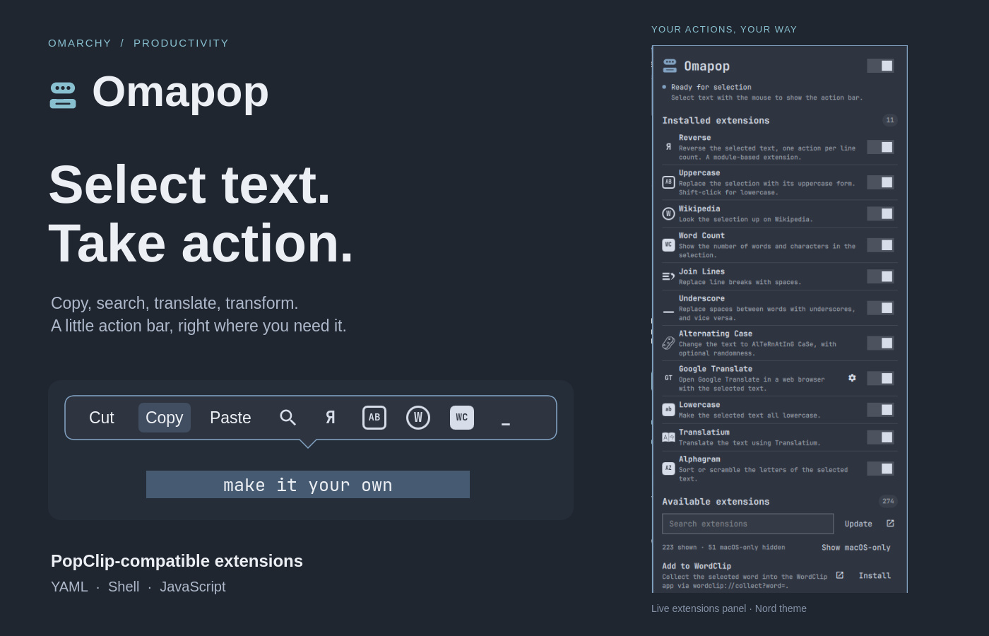 Omapop’s selection action bar and extensions panel in the Nord theme